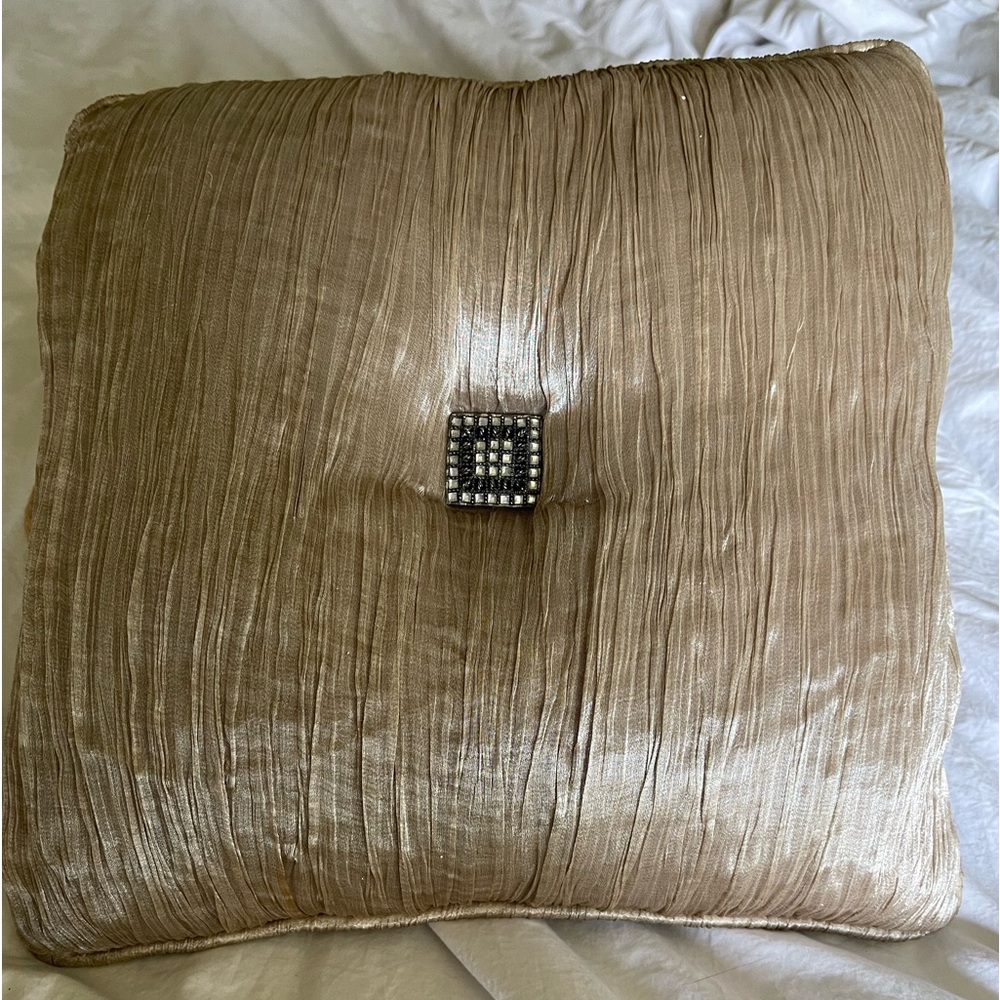 Vintage Gold and tan silky pillow with a diamond-shaped rhinestone
